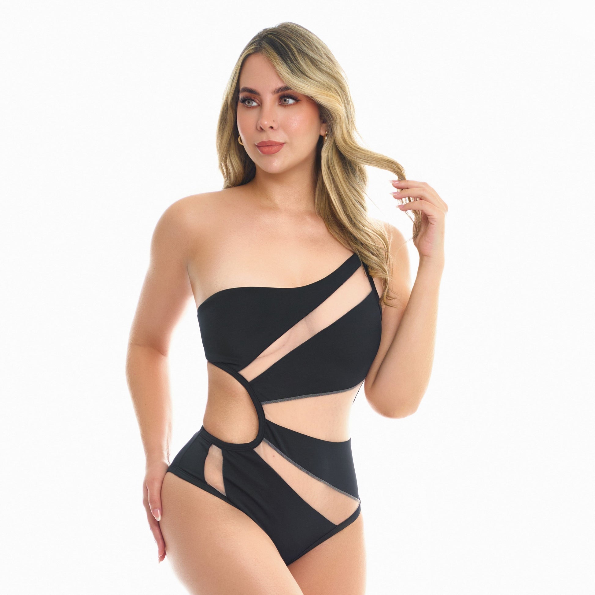 Traje de baño enterizo con detalles de malla transparente – Sunny Swimwear